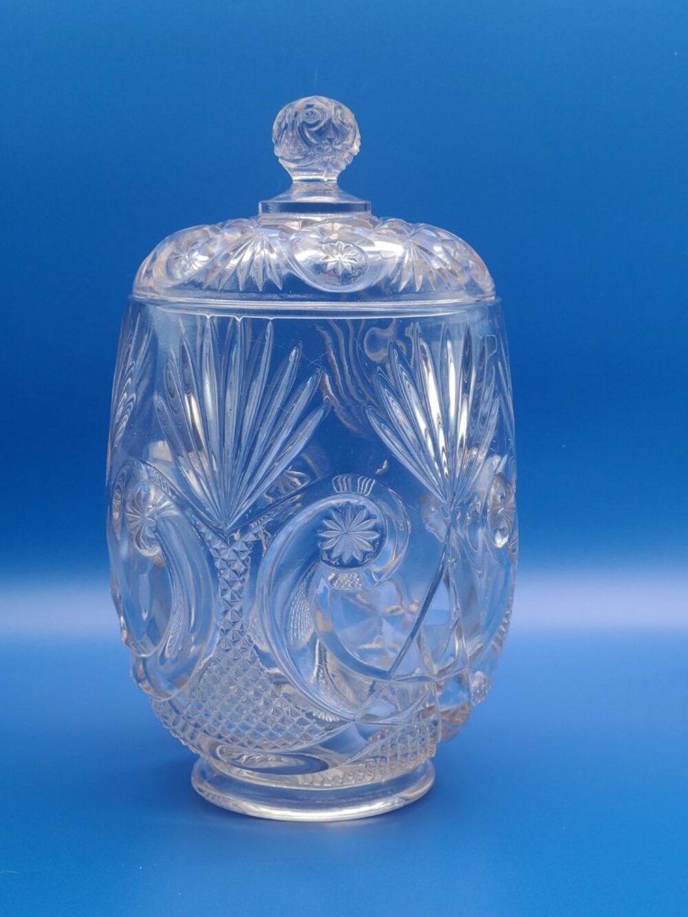 Antique EAPG Crystal Glass Crescent Fan Biscuit Jar Manganese Glow 9.5" - Picture 4 of 11